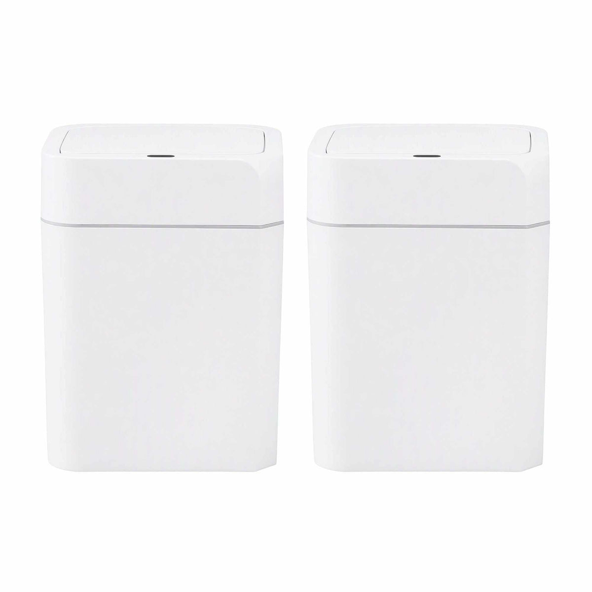 Rubbish Bin 12L two-pack of white plastic bins with slim rectangular bodies and hands-free sensor lids