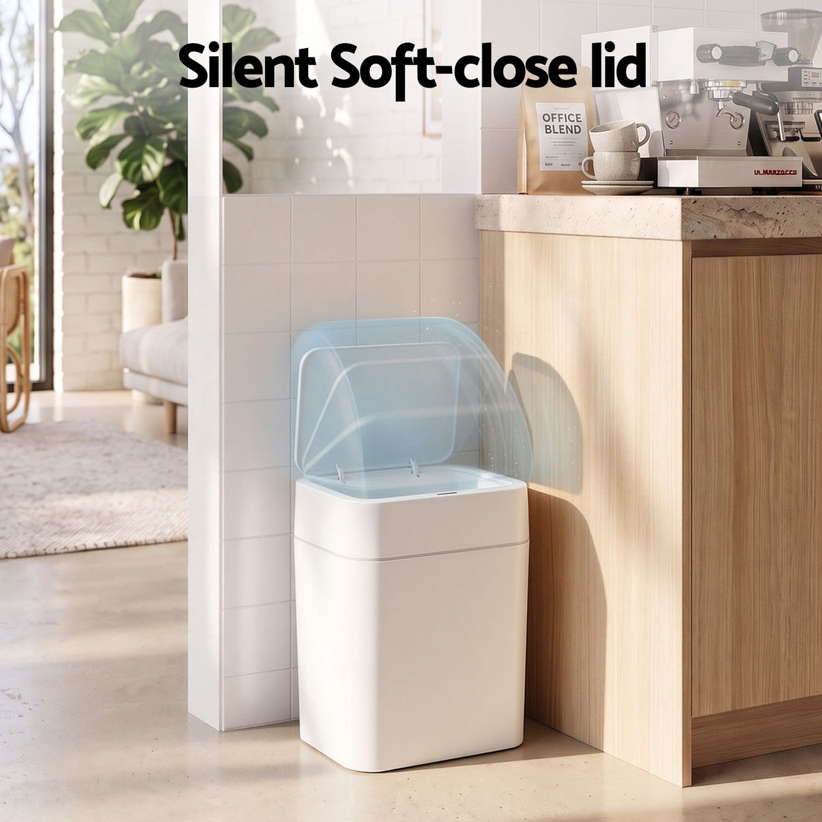 Rubbish Bin 12L white plastic bin with a slim rectangular body and translucent blue soft-close lid