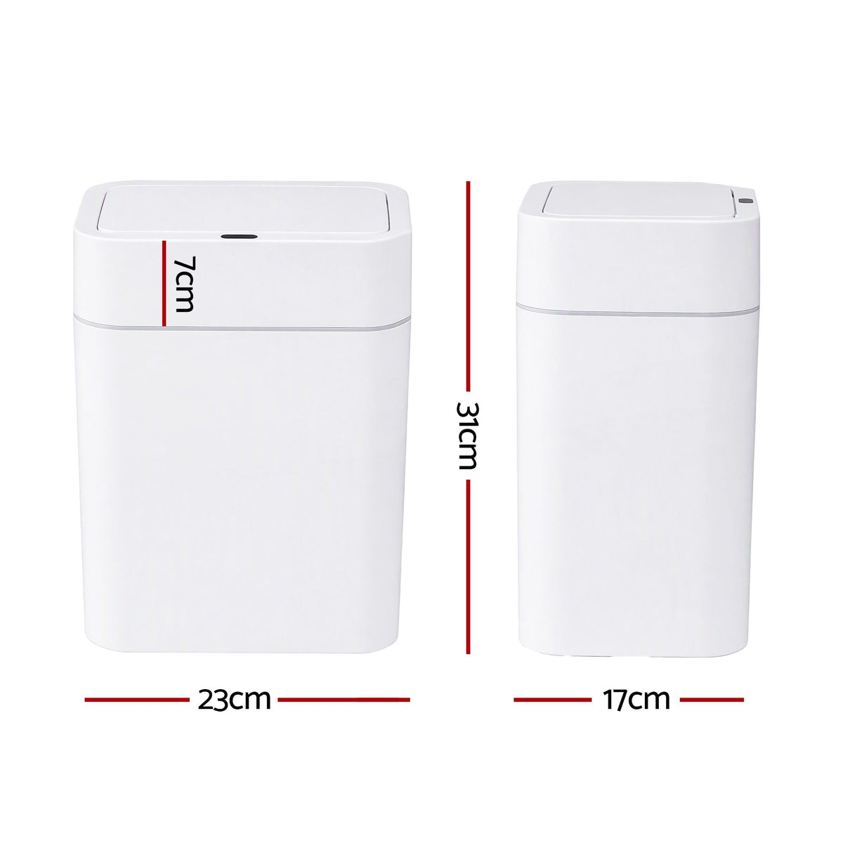 Rubbish Bin 12L two white PP plastic bins with slim rectangular bodies and fitted motion-sensor lids