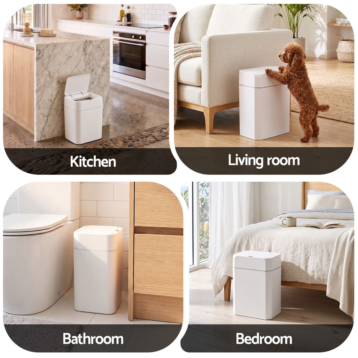 Rubbish Bin 12L in smooth white plastic with a slim rectangular body and automatic lid, shown in four rooms