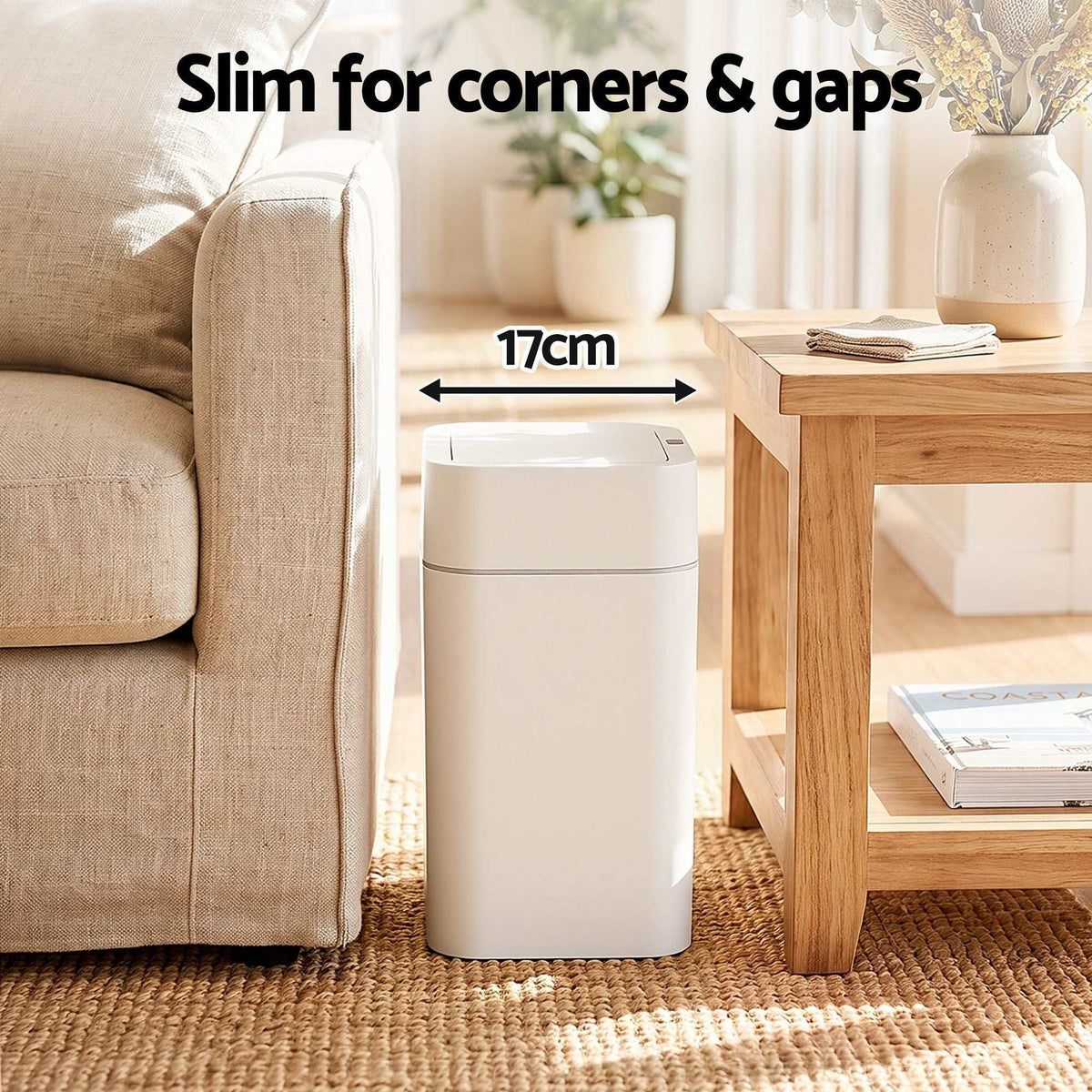Rubbish Bin 12L white plastic bin with a slim rectangular shape and smooth lid designed to fit narrow gaps