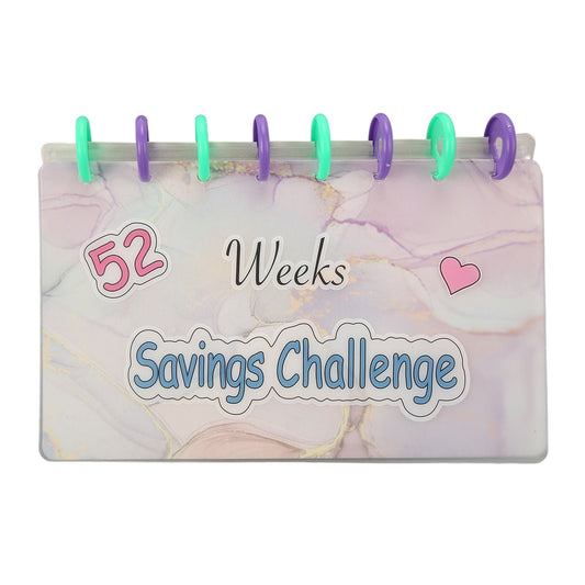 Savings Binder 52 Week challenge book with a frosted pastel marble cover, colorful binding rings, and Savings Challenge lettering