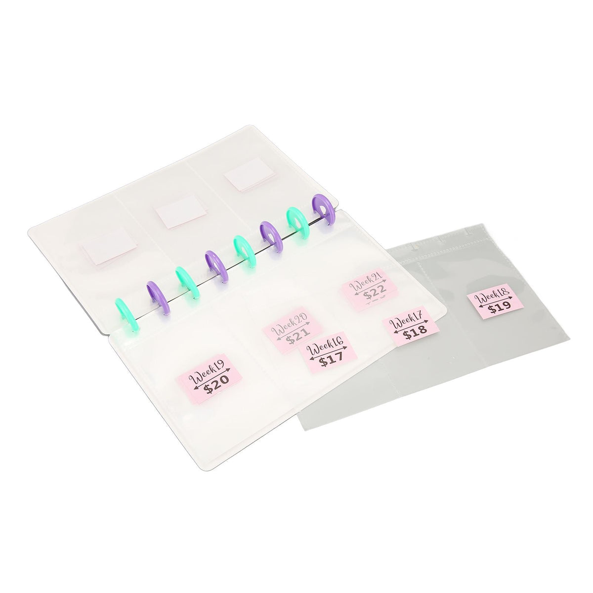 Savings Binder 52 Week challenge with frosted PVC cover, translucent pages, colorful binding discs and labelled cash pockets