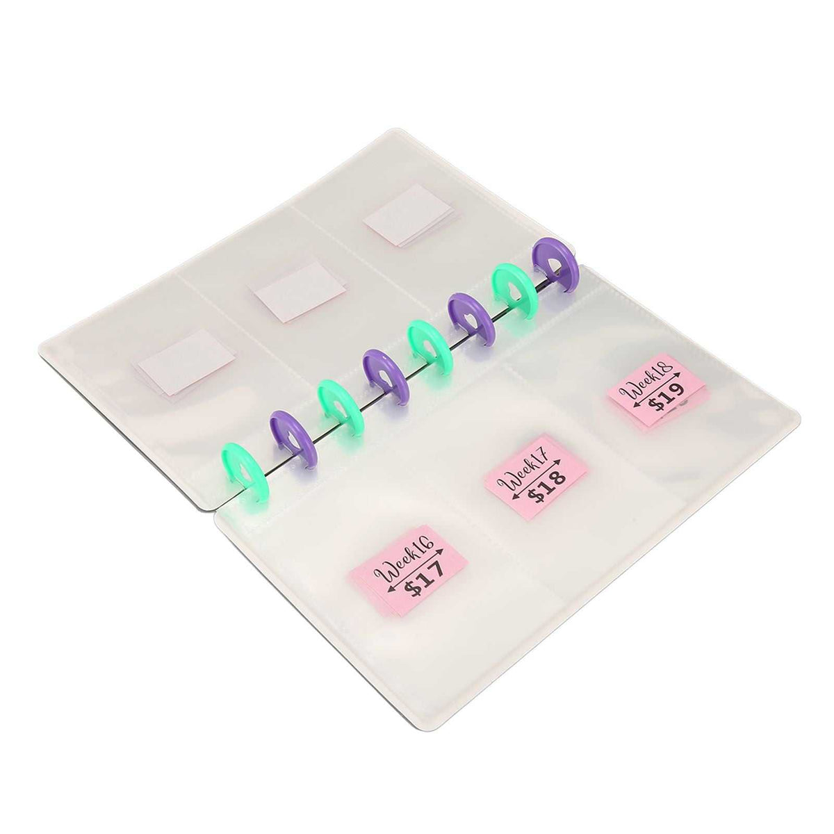 Savings Binder 52 Week with frosted translucent PVC pages, colorful plastic rings and pink labelled cash envelopes