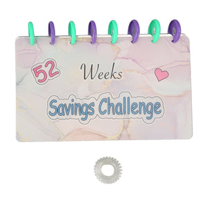 Savings Binder 52 Week with a pale marbled cover, colorful binding rings, and playful Savings Challenge lettering