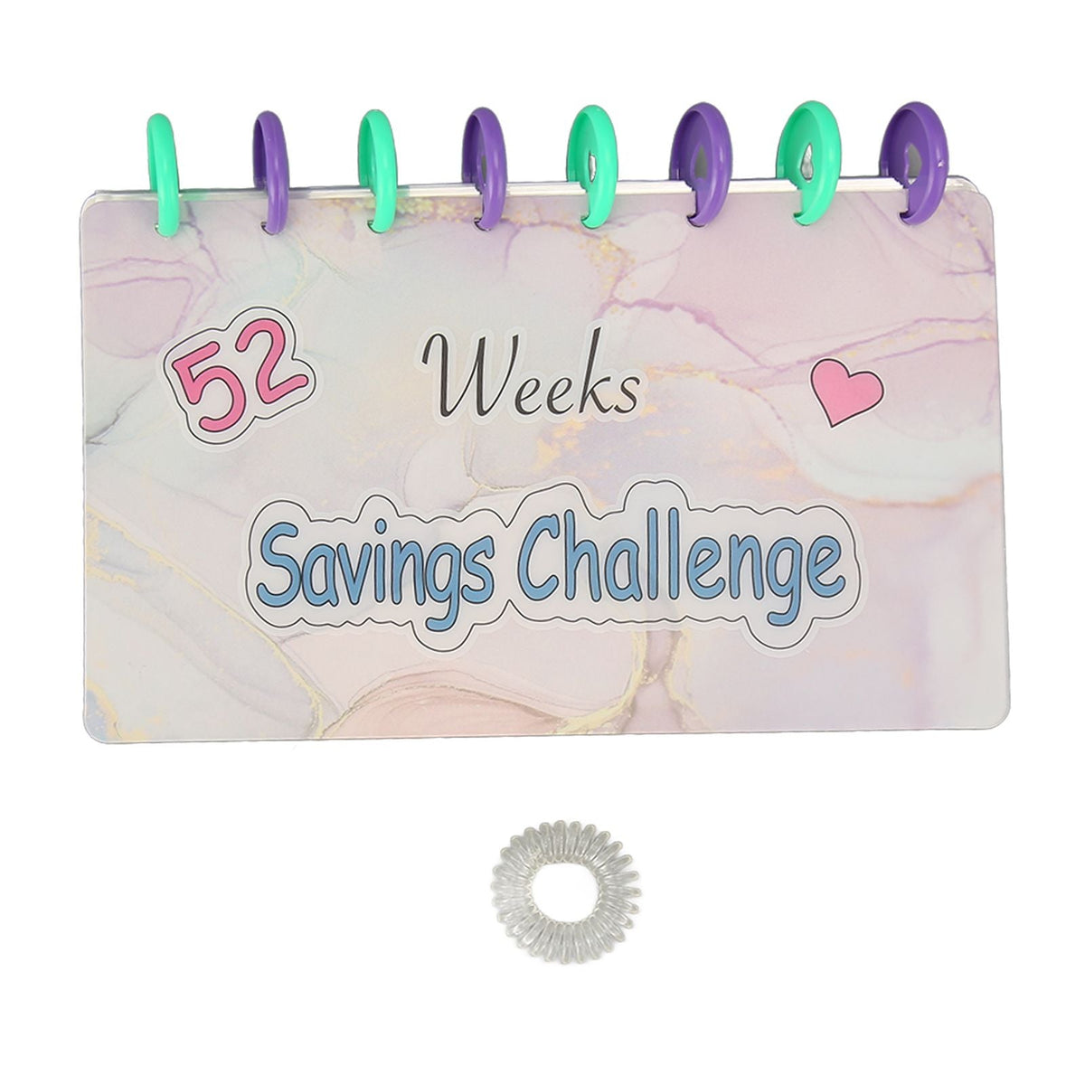 Savings Binder 52 Week with a pale marbled cover, colorful binding rings, and playful Savings Challenge lettering