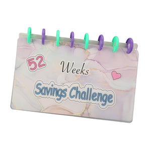 Savings Binder 52 Week challenge book with a frosted pastel marble cover, colorful binding rings and heart detail
