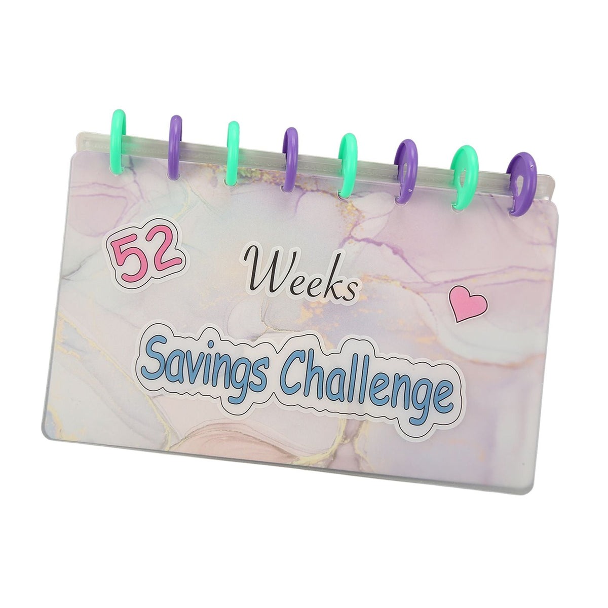Savings Binder 52 Week challenge book with a frosted pastel marble cover, colorful binding rings and heart detail