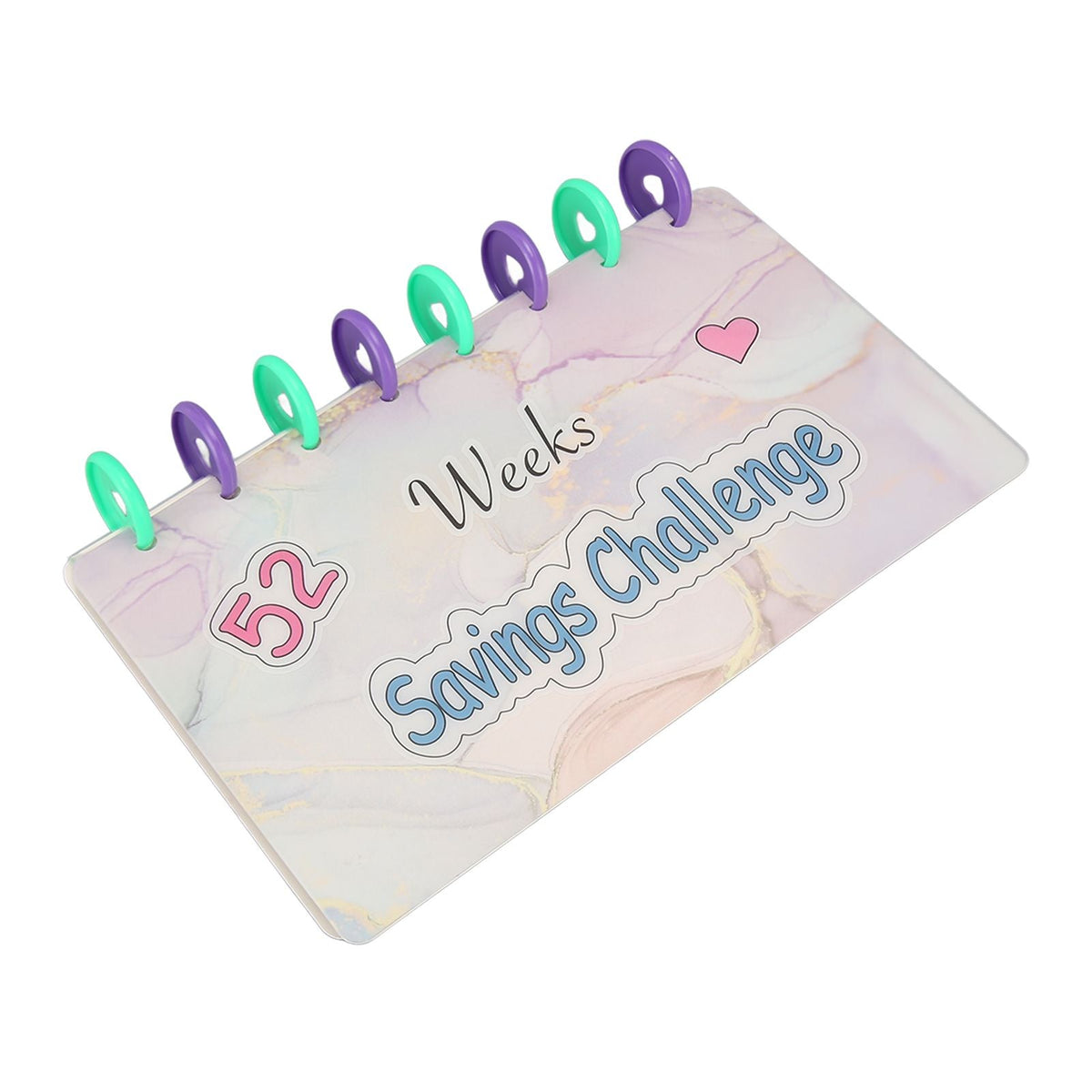 Savings Binder 52 Week challenge book with a pastel marble cover, pink heart, and alternating teal and purple rings
