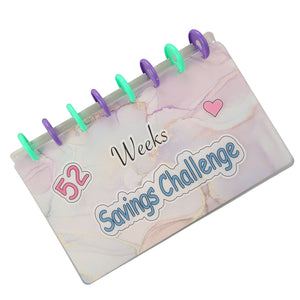 Savings Binder 52 Week challenge book with pastel marble pattern, translucent cover, colourful disc binding and heart motif.
