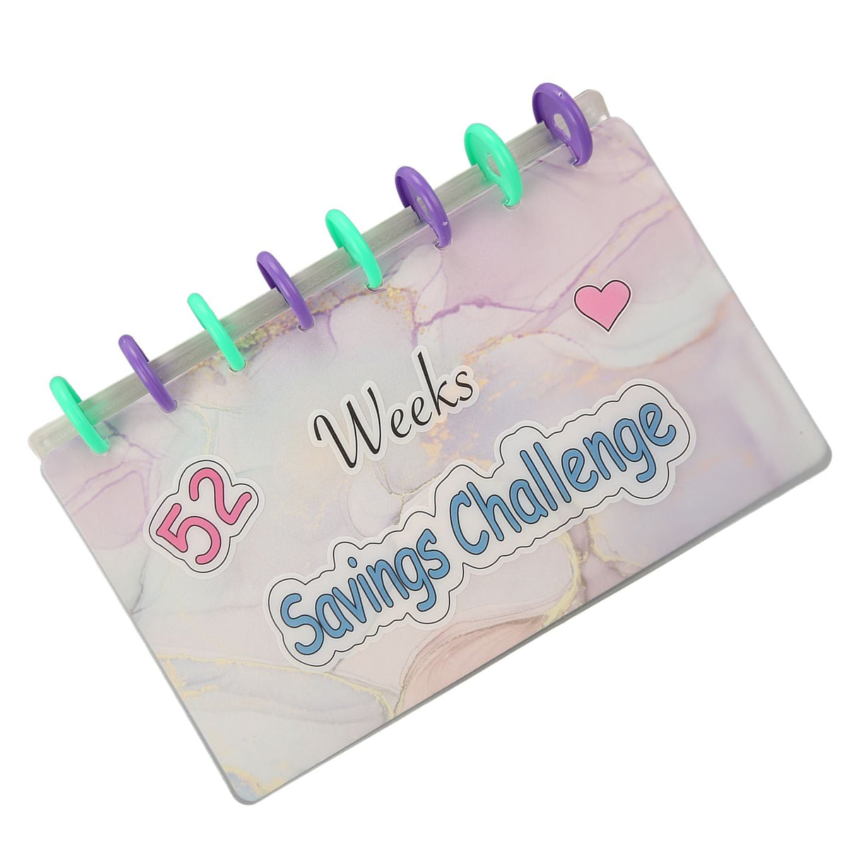 Savings Binder 52 Week challenge book with pastel marble pattern, translucent cover, colourful disc binding and heart motif.