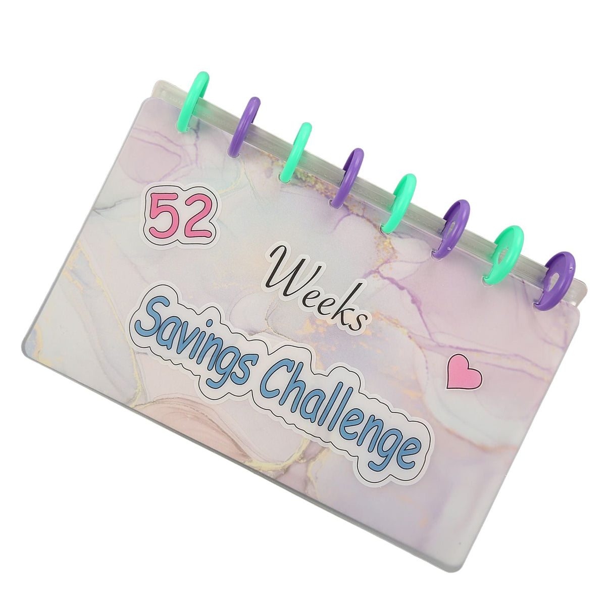 Savings Binder 52 Week with a pastel marble-patterned cover, pink lettering, heart motif and teal and purple rings