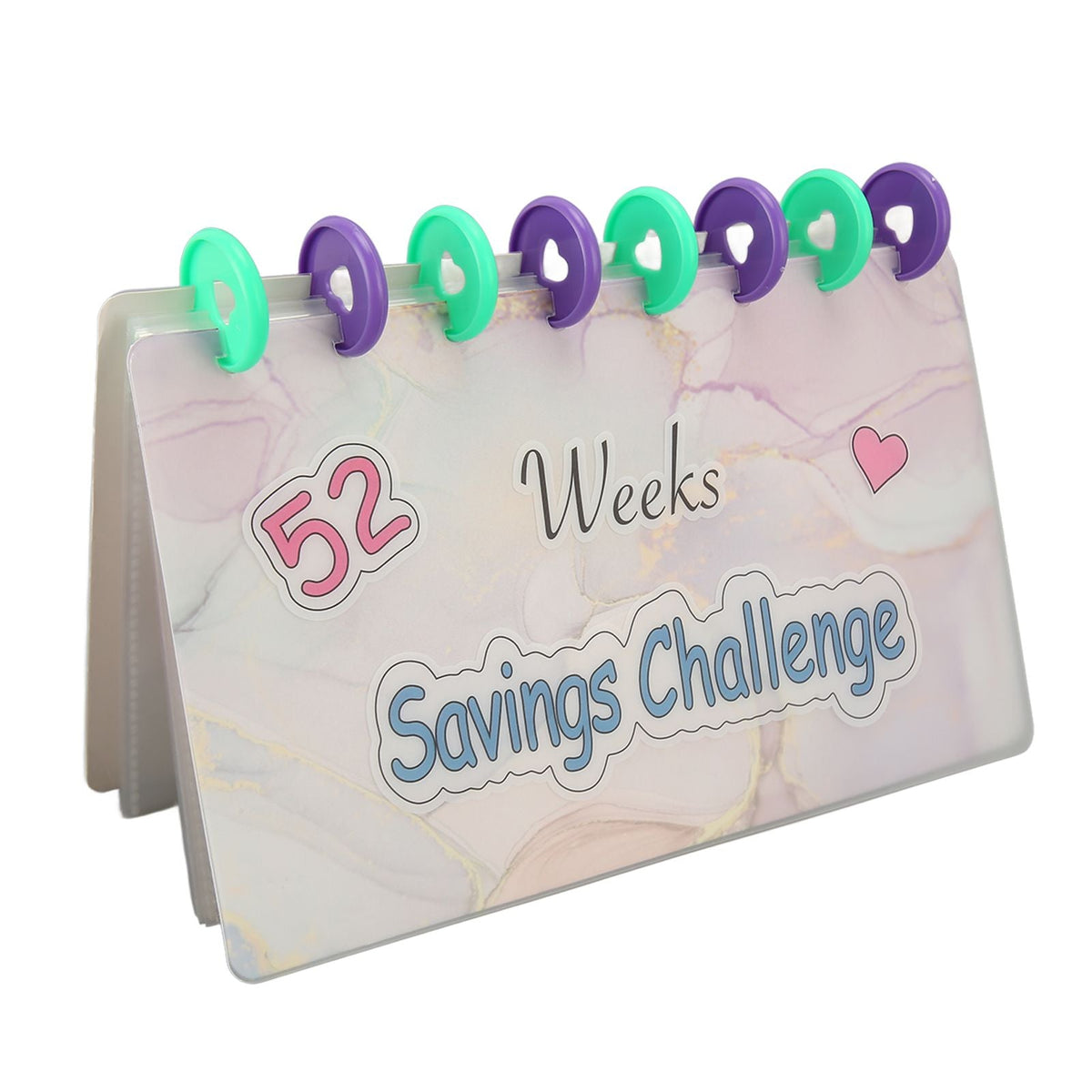 Savings Binder 52 Week with a pastel marble-patterned cover, blue savings challenge lettering and green and purple rings