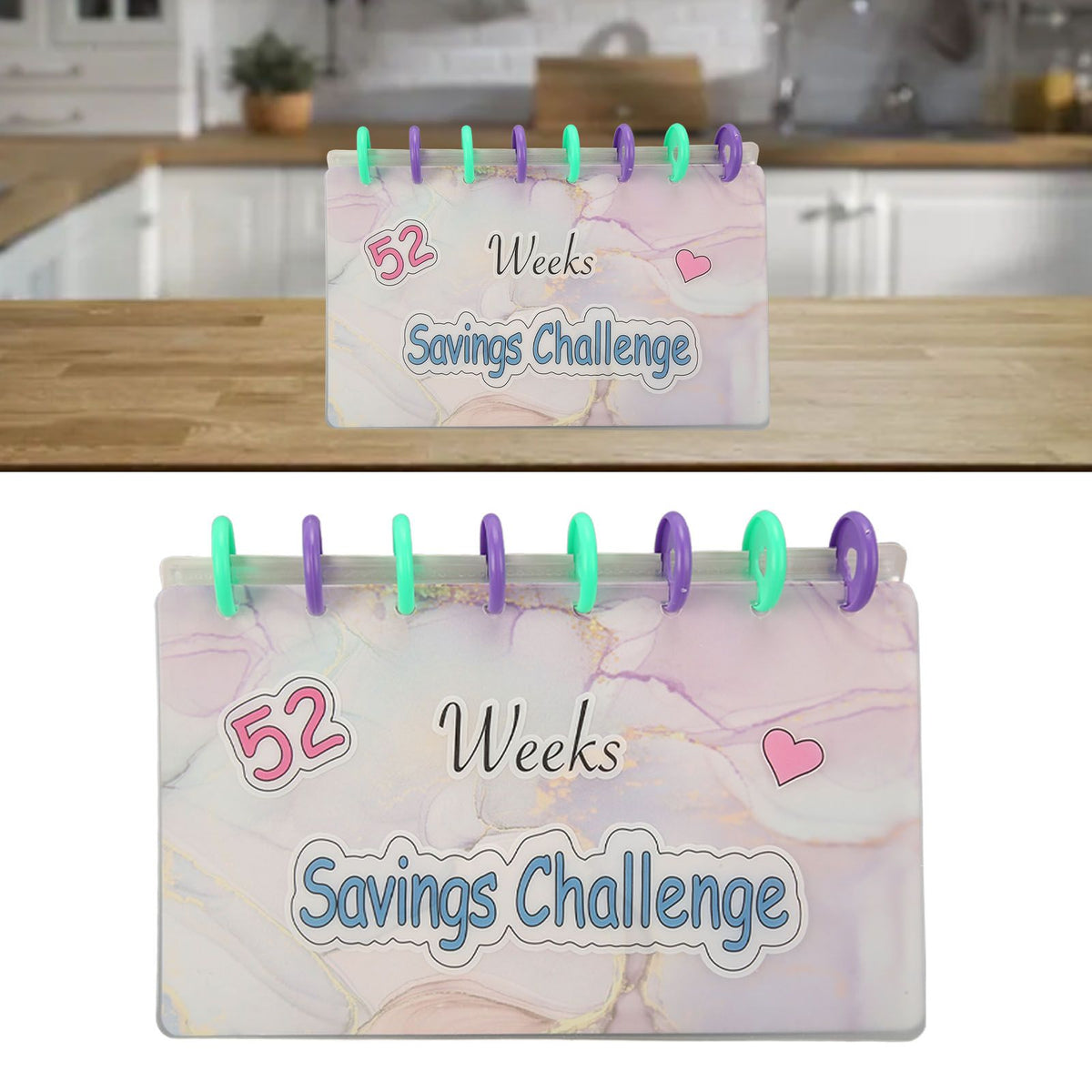 Savings Binder 52 Week challenge organizer with a pastel marble-patterned cover, colorful rings, and Savings Challenge lettering