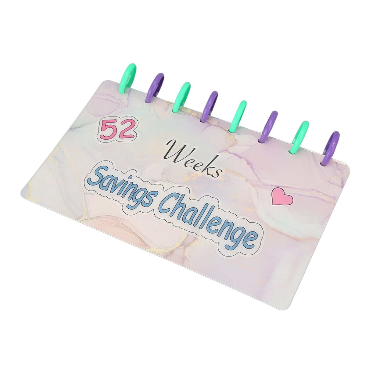 Savings Binder 52 Week with a pastel marble-patterned cover, colorful binding rings, and printed savings challenge title
