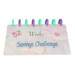 Savings Binder 52 Week with a pastel marble-patterned cover, colorful binding rings, and Savings Challenge lettering