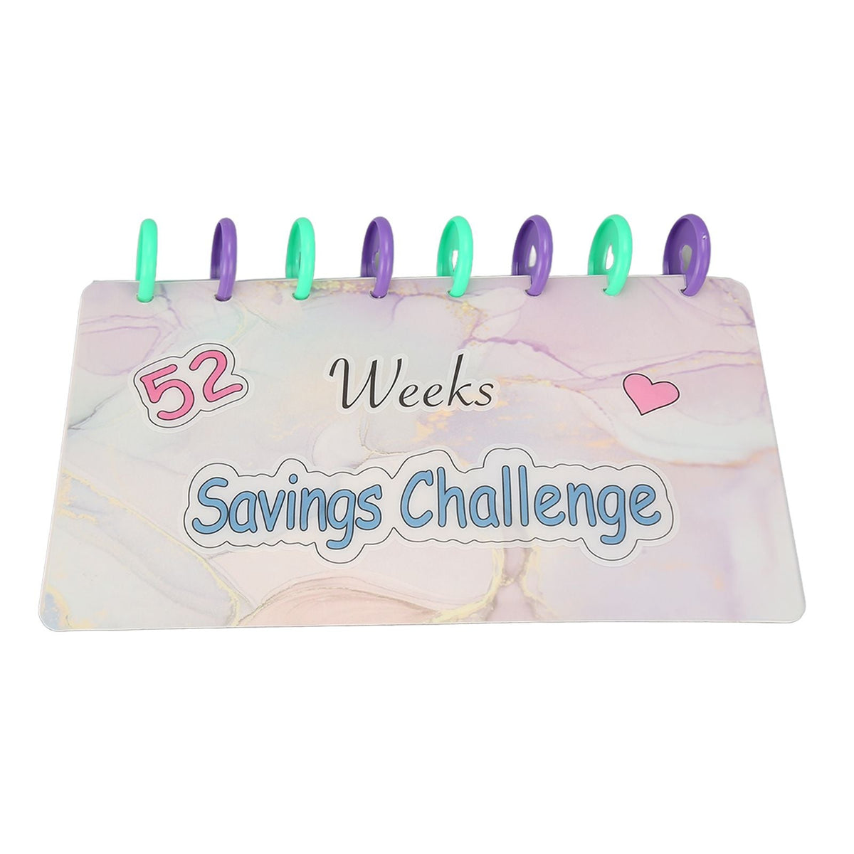 Savings Binder 52 Week with a pastel marble-patterned cover, colorful binding rings, and Savings Challenge lettering