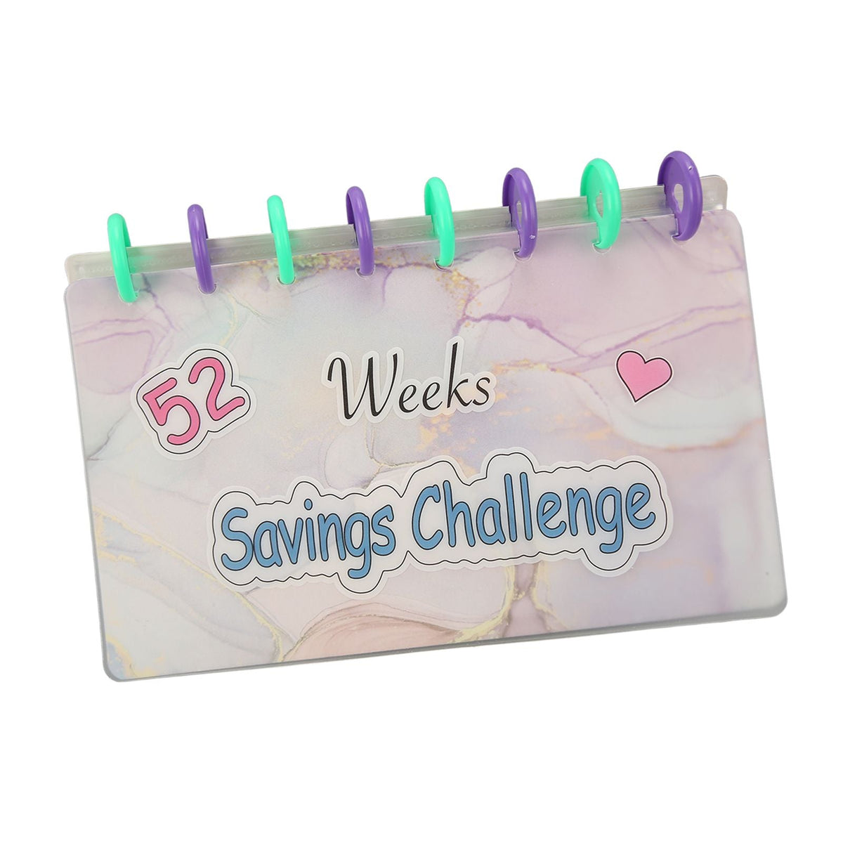 Savings Binder 52 Week challenge book with a pastel marbled cover, pink and blue lettering, and colorful plastic rings