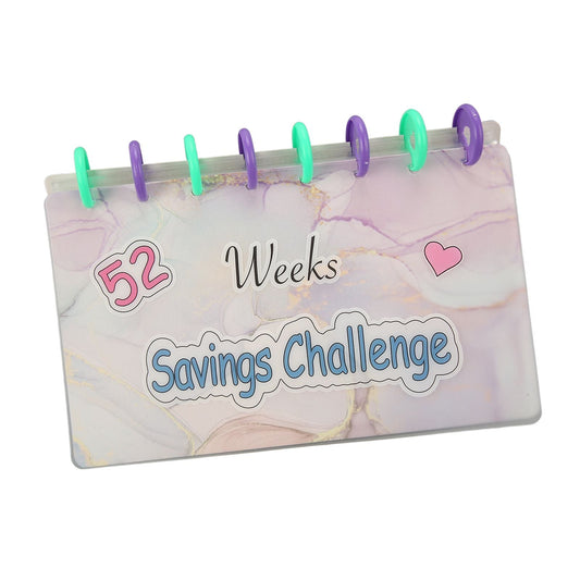 Savings Binder 52 Week challenge book with a pastel marbled cover, pink and blue lettering, and colorful plastic rings