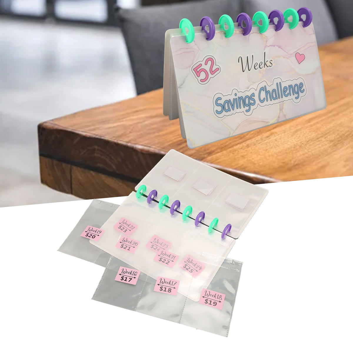 Savings Binder 52 Week challenge book with translucent PVC pages, colorful binding discs, and pink labeled cash envelope pockets