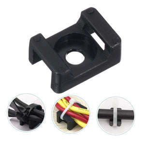 Screw-Mount Zip Tie cable base in black nylon, with a central screw hole and raised side rails for securing ties.
