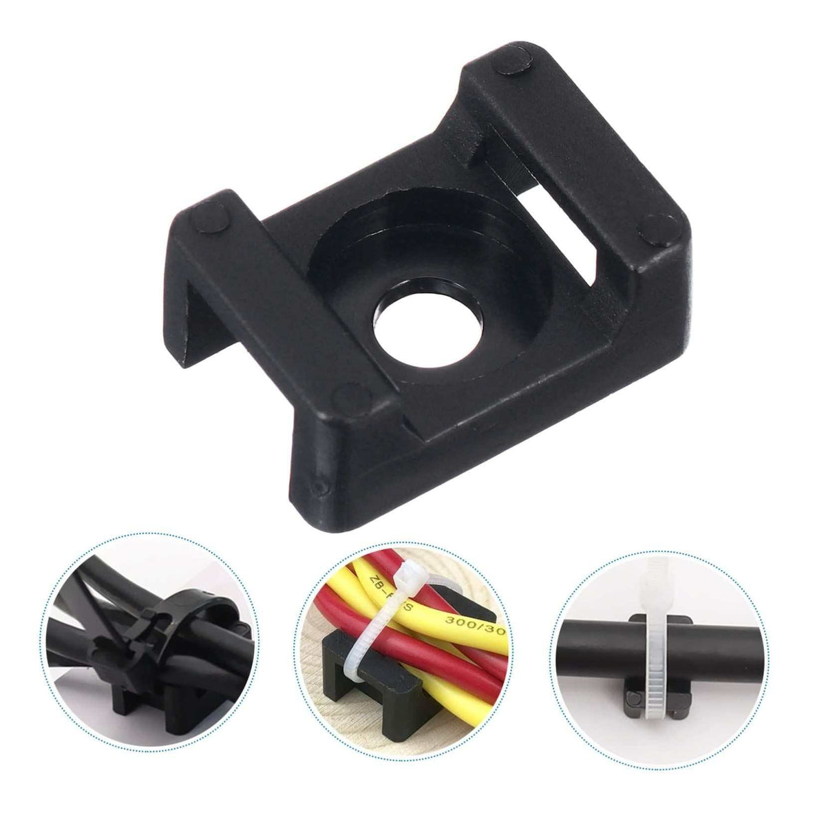 Screw-Mount Zip Tie cable base in black nylon, with a central screw hole and raised side rails for securing ties.