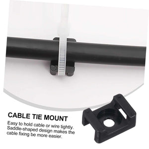 Screw-Mount Zip Tie cable base in black nylon with a central screw hole and raised tie slots, securing a cable