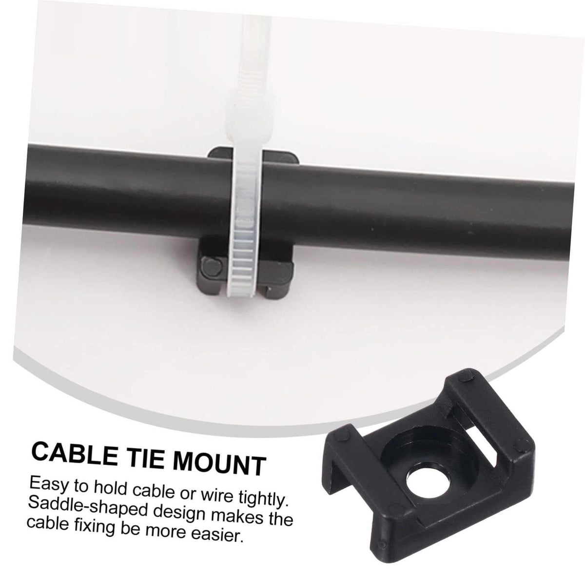 Screw-Mount Zip Tie cable base in black nylon with a central screw hole and raised tie slots, securing a cable