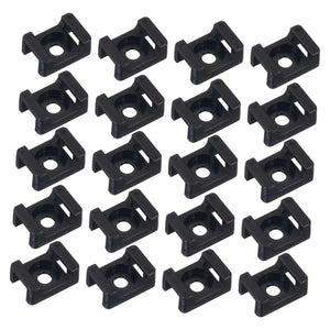 Screw-Mount Zip Tie bases in black nylon, with square saddle-shaped bodies, a central screw hole and raised tie slots