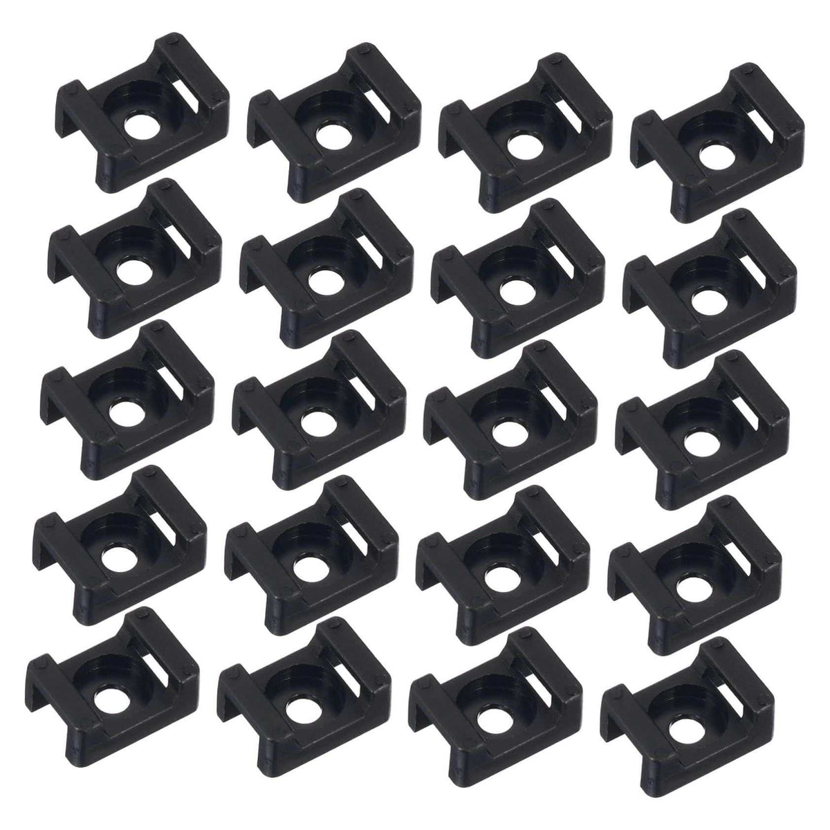 Screw-Mount Zip Tie bases in black nylon, with square saddle-shaped bodies, a central screw hole and raised tie slots