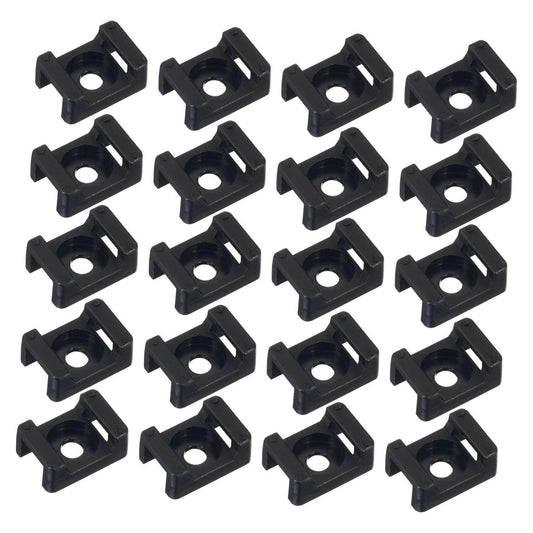 Screw-Mount Zip Tie bases in black nylon, with square saddle-shaped bodies, a central screw hole and raised tie slots