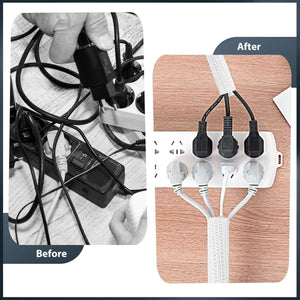 Self-Closing Cable Tray in white braided PET mesh, shown bundling black and white power cables neatly around a power strip