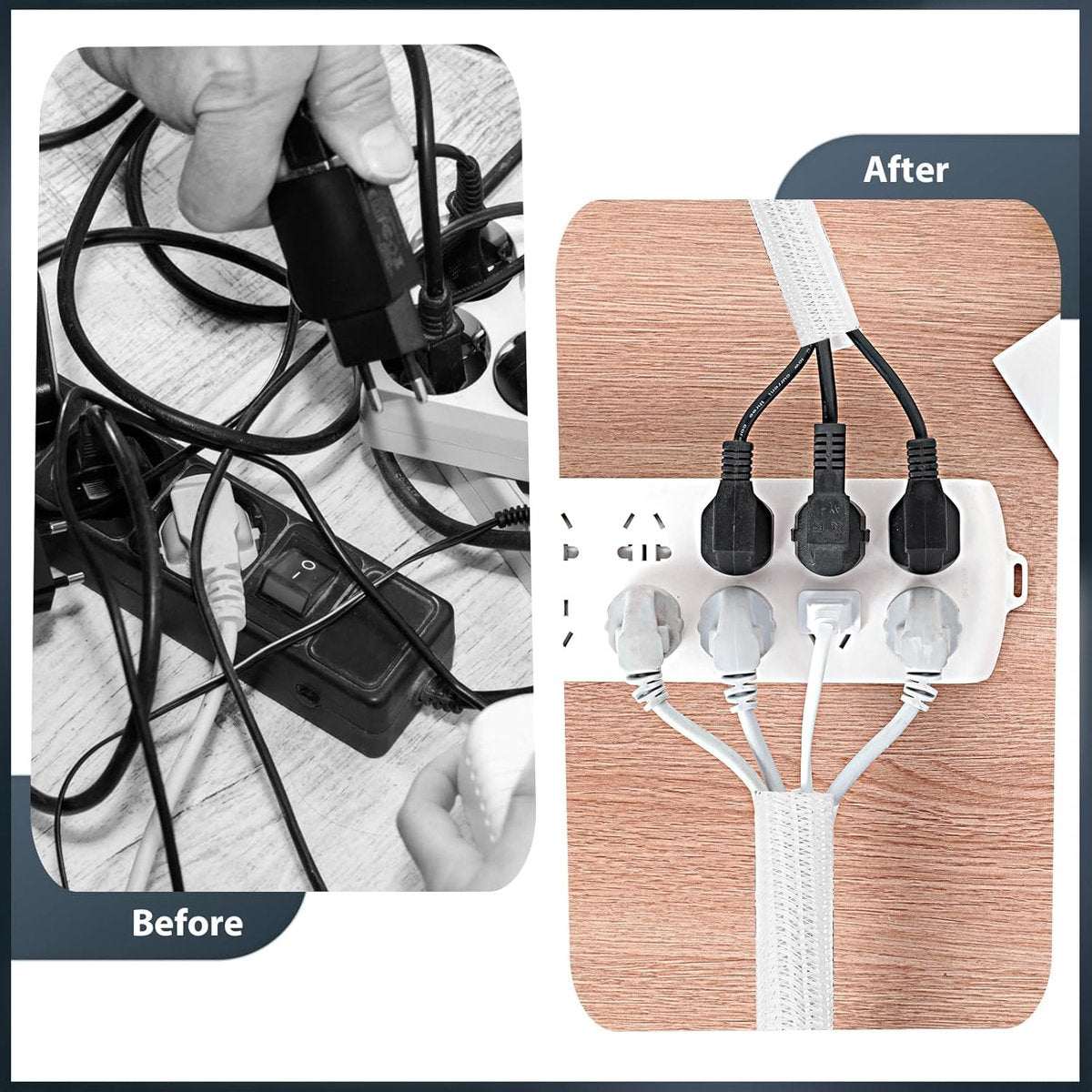 Self-Closing Cable Tray in white braided PET mesh, shown bundling black and white power cables neatly around a power strip
