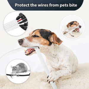 Self-Closing Cable Tray in white braided PET mesh, shown shielding wires from a dog’s chewing with a flexible sleeve.