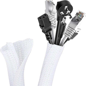 Self-Closing Cable Tray in white woven PET mesh, shown open around several black and white cables and plugs