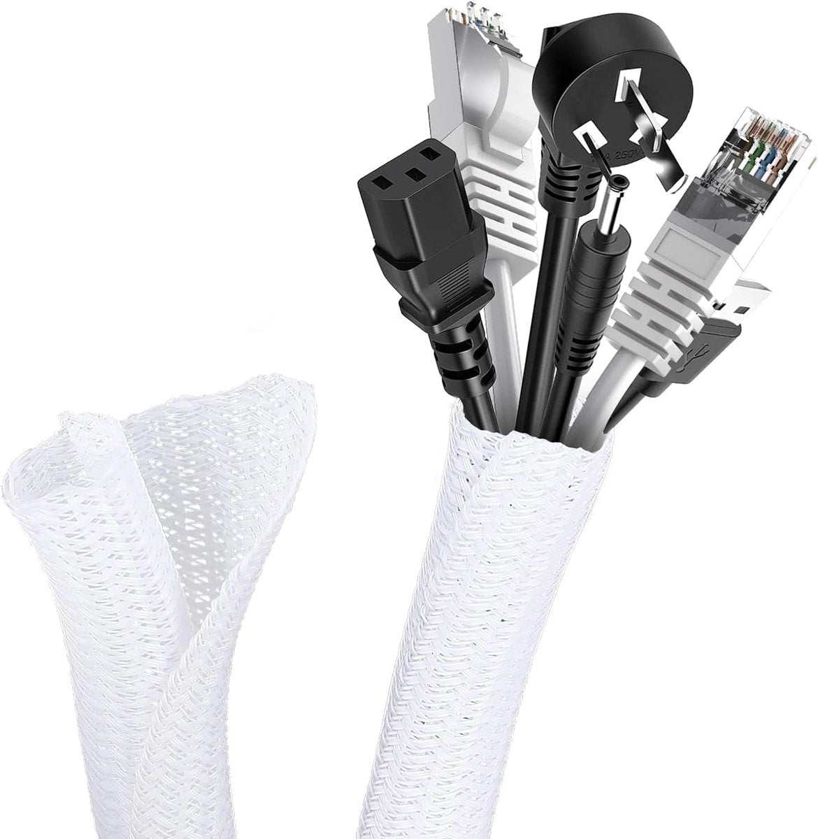 Self-Closing Cable Tray in white woven PET mesh, shown open around several black and white cables and plugs