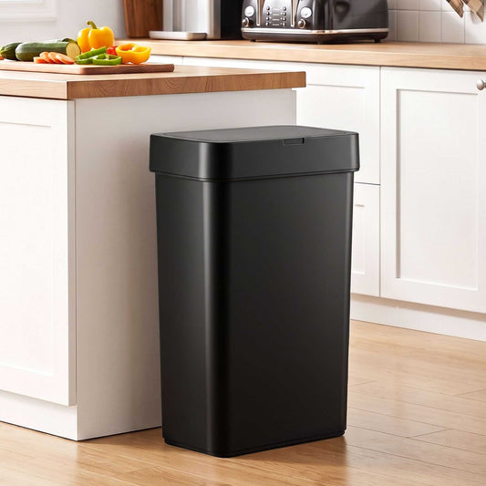 Sensor rubbish bin in sleek black plastic with a slim rectangular body and broad fitted lid