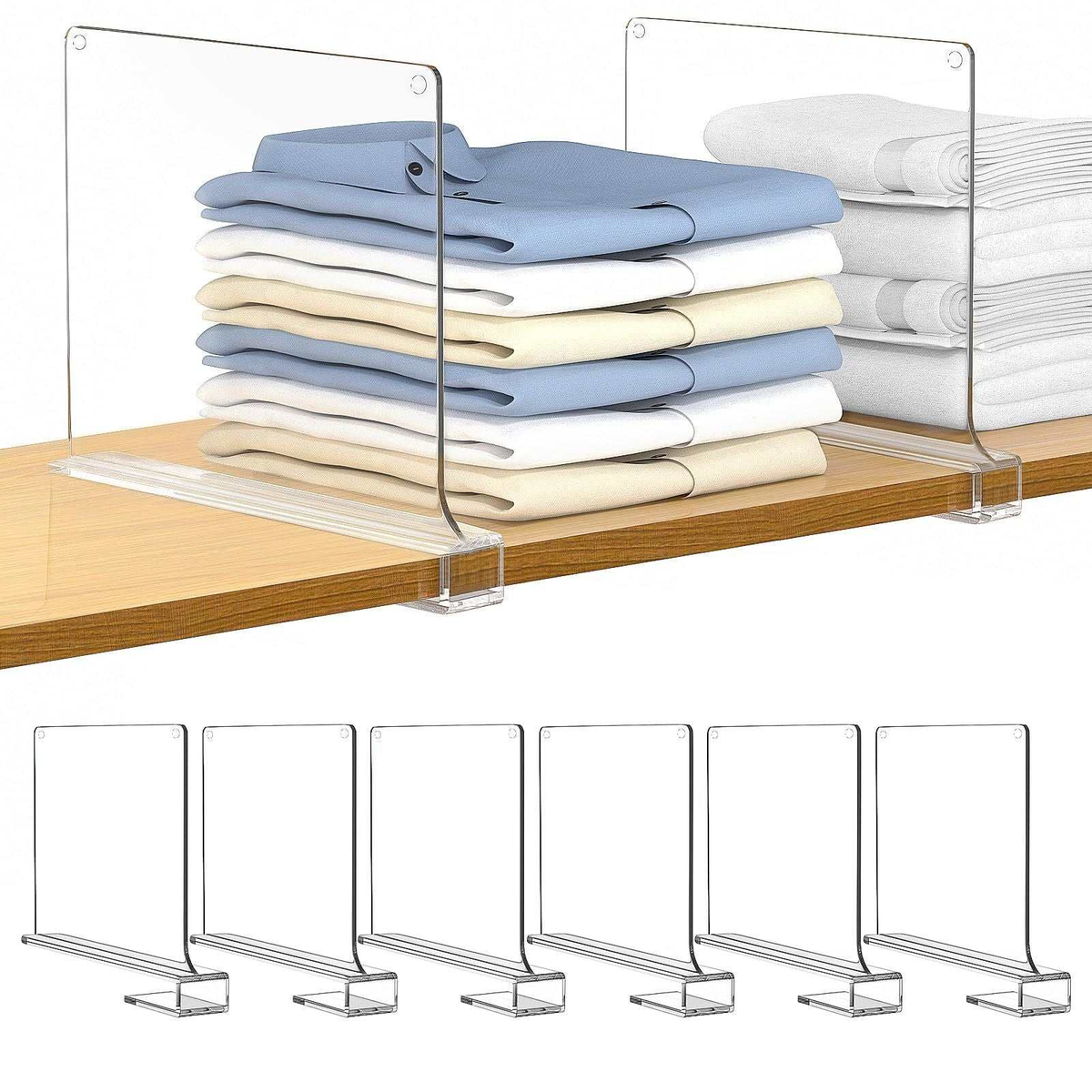 Shelf Dividers for Closet in clear acrylic with clip-on bases, separating neatly stacked blue, white and cream linens