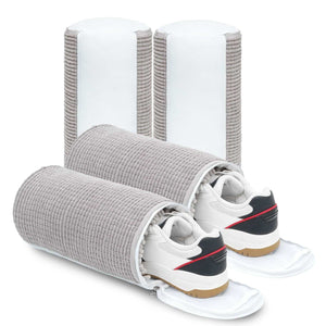 Shoe Washing Bag pair in light grey ribbed mesh with white panels and zippers, holding white sneakers with black and red accents