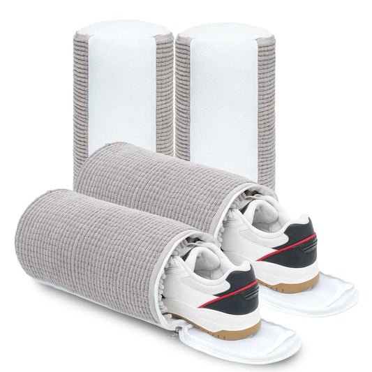 Shoe Washing Bag pair in light grey ribbed mesh with white panels and zippers, holding white sneakers with black and red accents