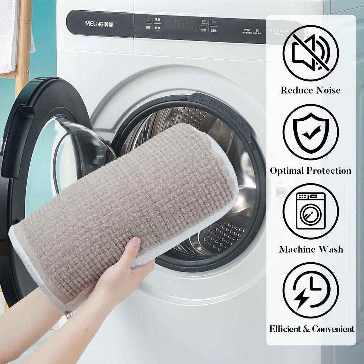 Shoe Washing Bag in light grey textured fabric with white piping, shown as a padded cylindrical washing pouch