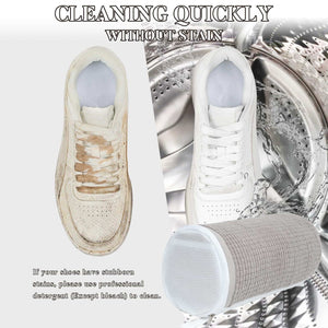 Shoe Washing Bag shown with white sneakers, one stained and one clean, beside a grey mesh washing bag with white ends