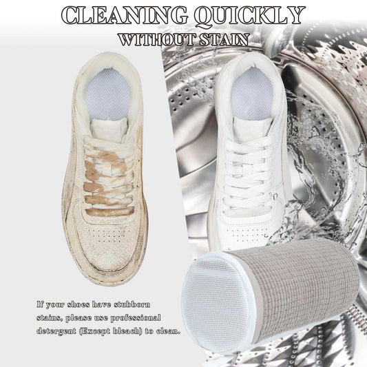 Shoe Washing Bag shown with white sneakers, one stained and one clean, beside a grey mesh washing bag with white ends