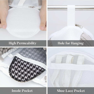 Shoe Washing Bag with white breathable mesh, zip closure, hanging loop, and pockets for shoe insoles and laces