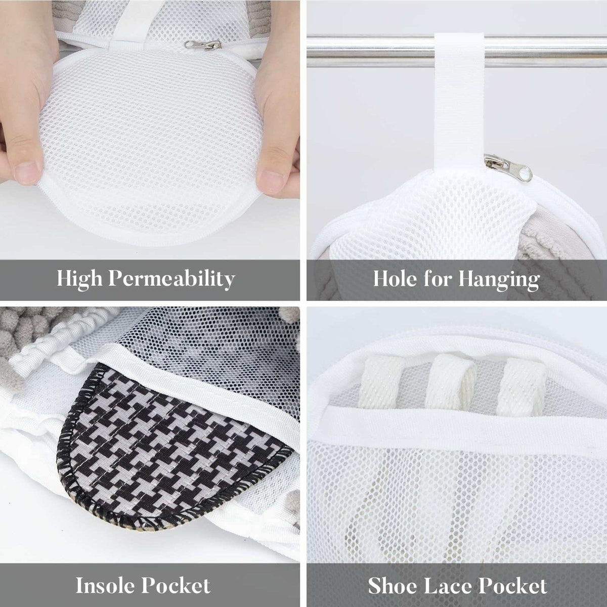 Shoe Washing Bag with white breathable mesh, zip closure, hanging loop, and pockets for shoe insoles and laces