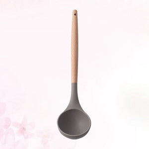 Silicone Kitchen Utensil soup ladle with a dark gray silicone bowl and a long, light wood-grain handle