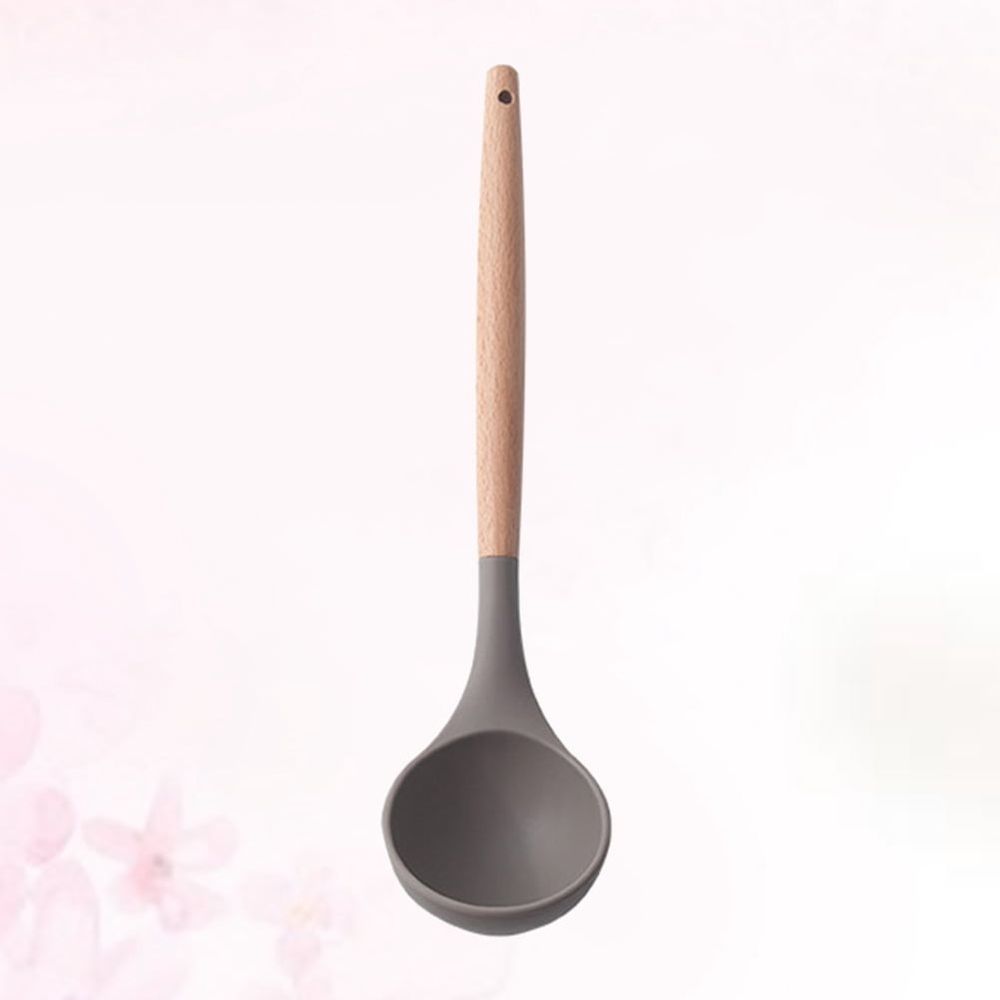 Silicone Kitchen Utensil soup ladle with a dark gray silicone bowl and a long, light wood-grain handle