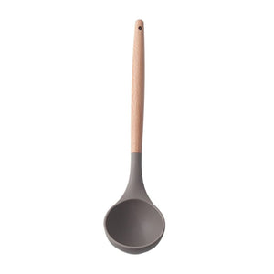 Silicone Kitchen Utensil soup ladle with a gray silicone bowl and a light wood-tone tapered handle