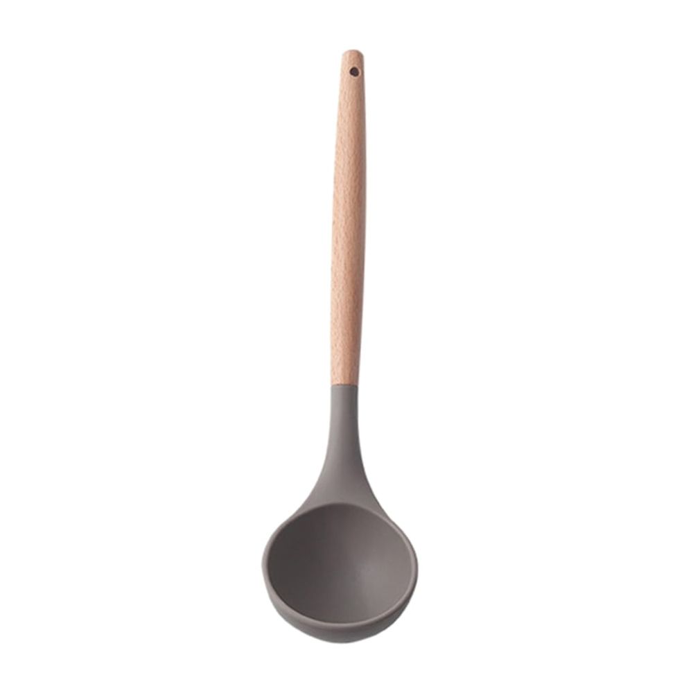 Silicone Kitchen Utensil soup ladle with a gray silicone bowl and a light wood-tone tapered handle