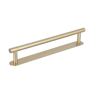 Single Rod Towel Bar in brushed gold metal, with a long cylindrical rail supported by two posts and a flat mounting plate
